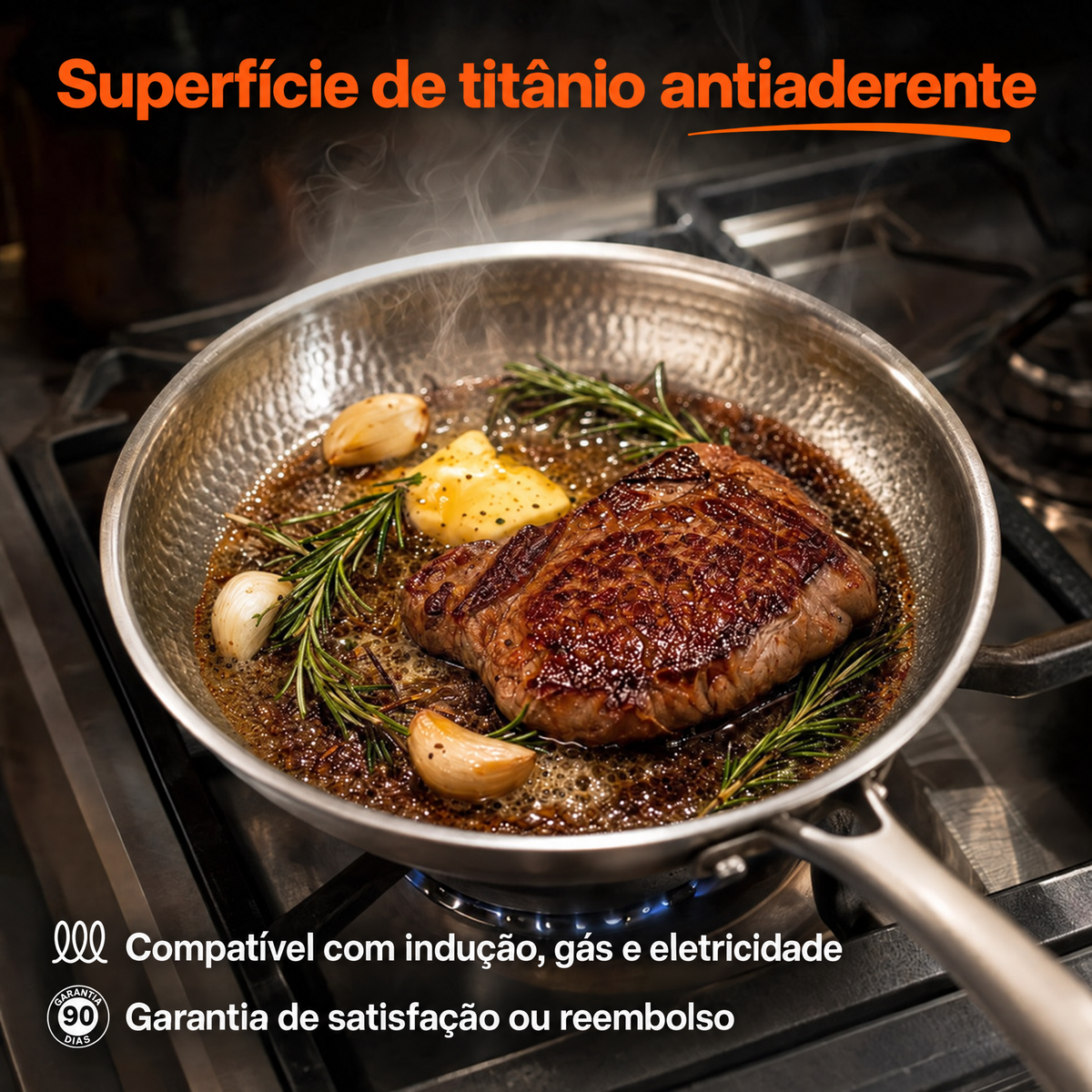 Bife a selar numa frigideira de titânio martelado Titaniova, compatível com indução, gás e eletricidade