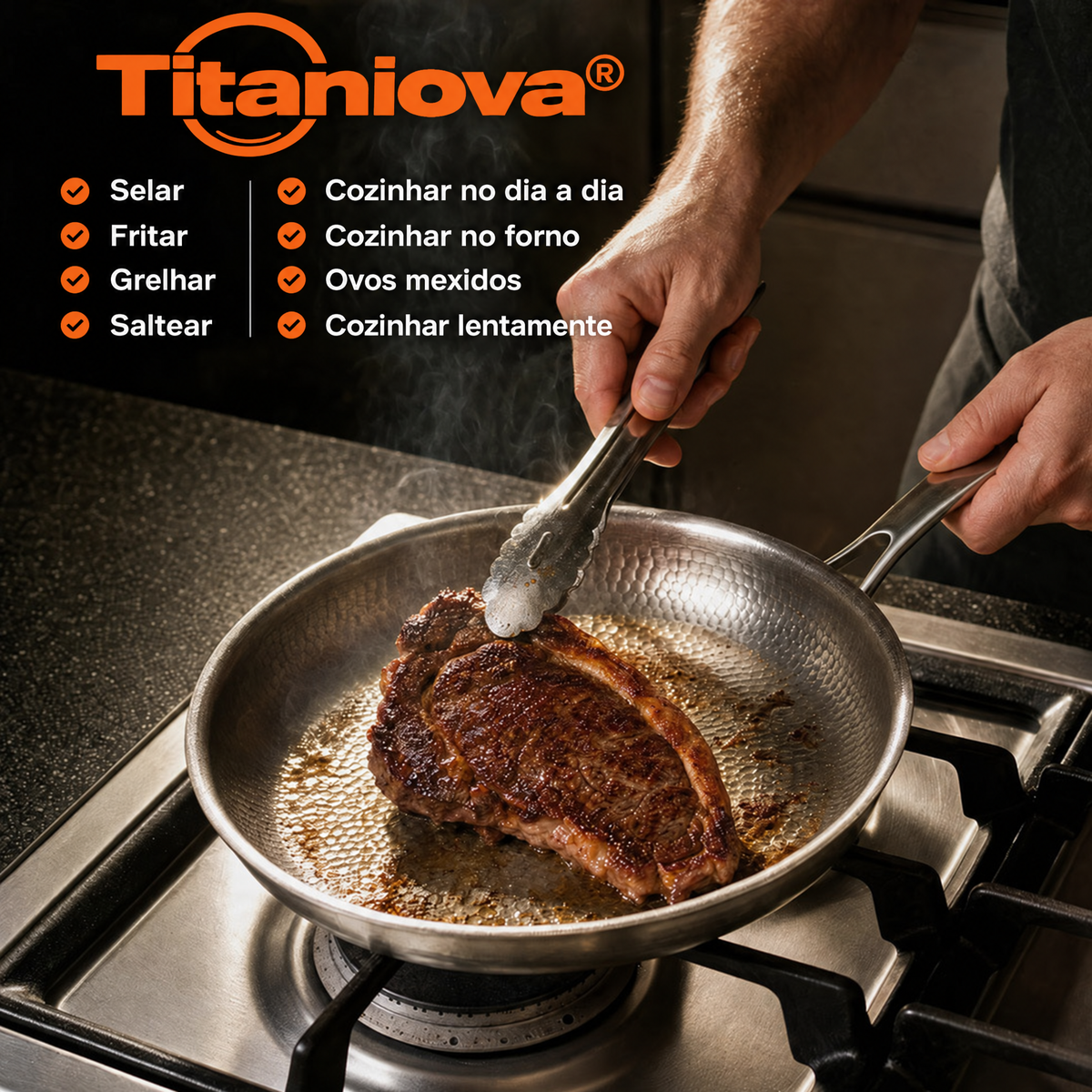 Bife a selar numa frigideira de titânio Titaniova num fogão a gás