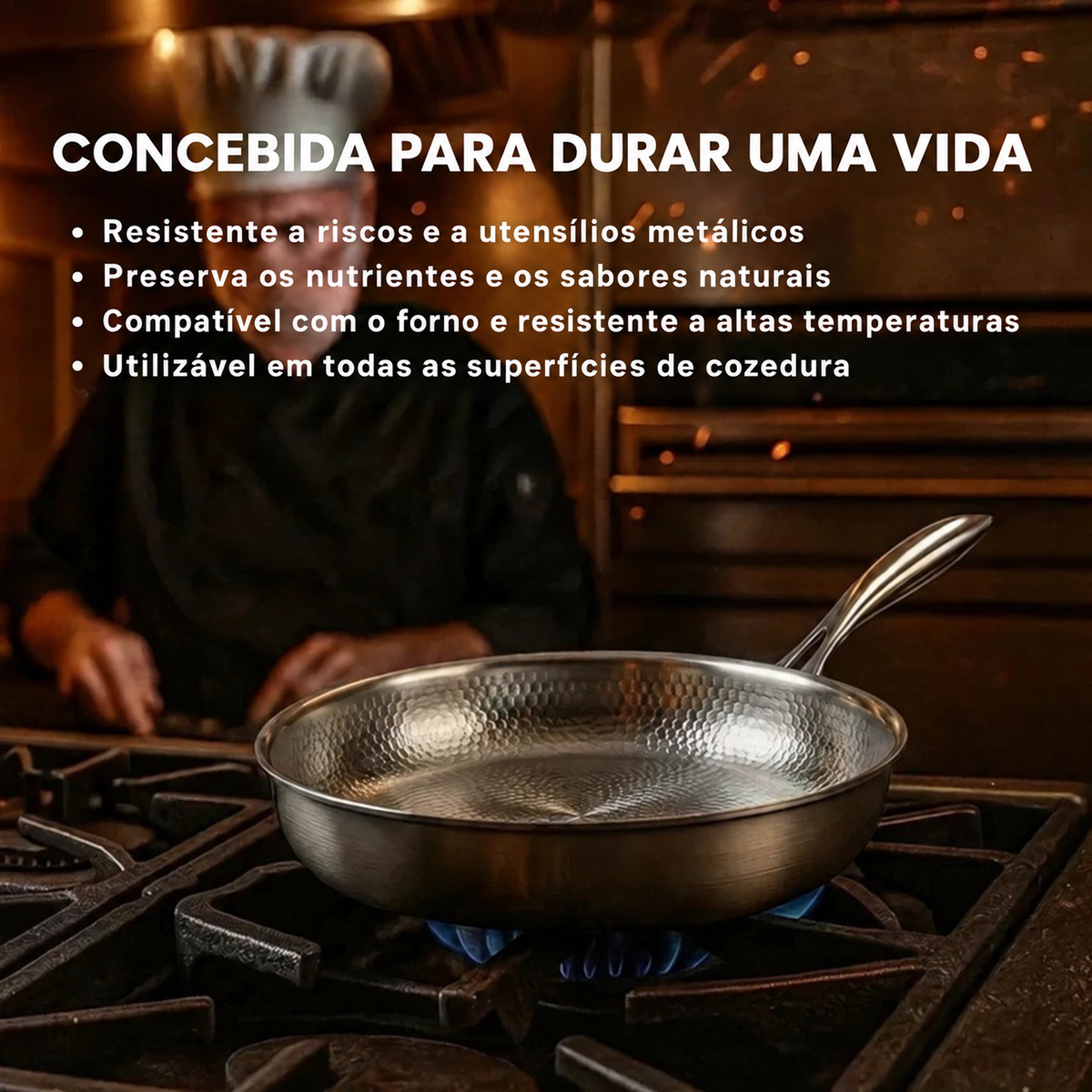 Frigideira Titaniova em titânio martelado resistente a riscos e a utensílios metálicos