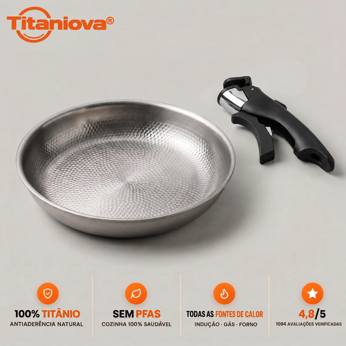 Frigideira Titaniova em titânio martelado sem PFAS, compatível com indução, gás e forno