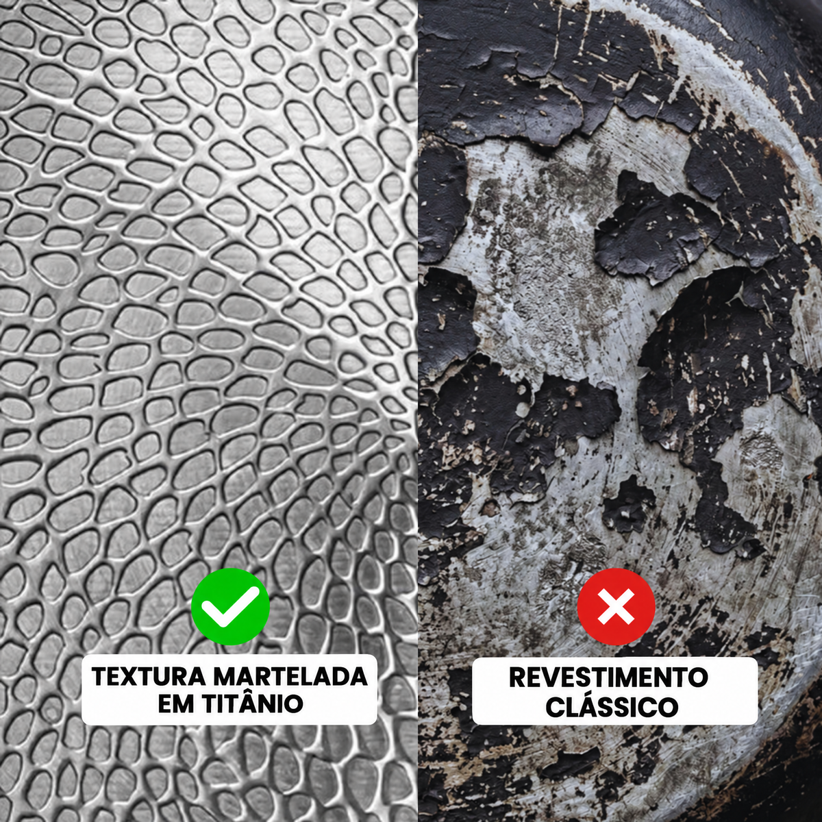 Comparação entre a textura martelada em titânio e um revestimento antiaderente clássico gasto